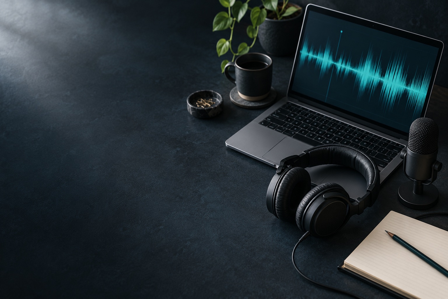 Headphones, a microphone and a laptop with an audio waveform on a creator's desk